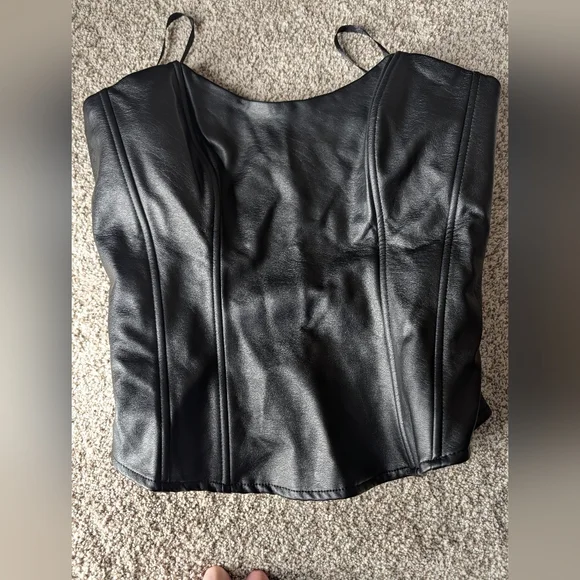 Black Faux Leather Corset Top Renaissance Faire Fantasy Costume Gothic Bustier - Picture 8 of 8